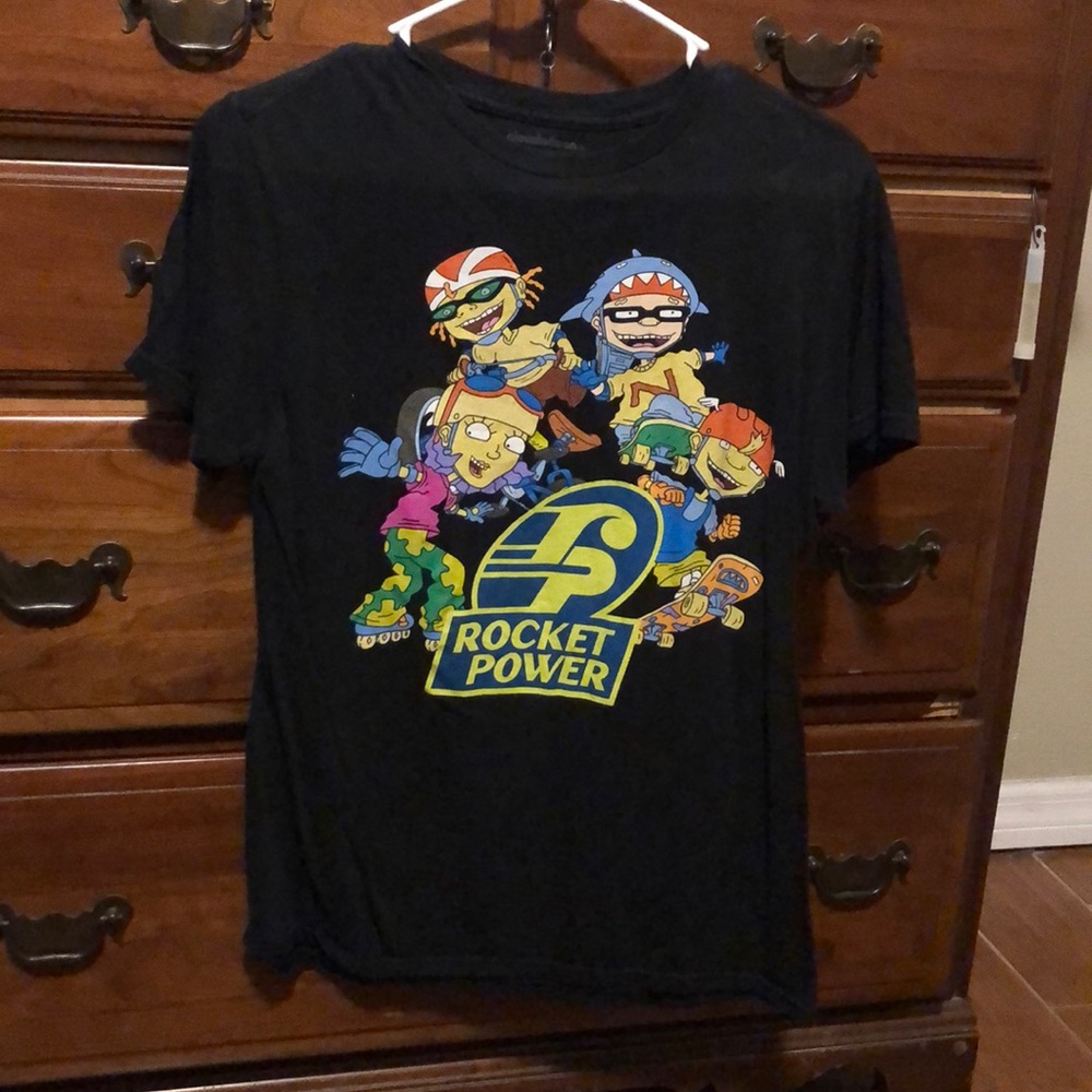 A black short sleeve rocket power shirt